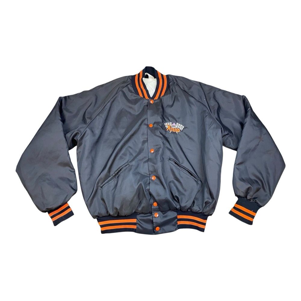 VTG 90s Men’s Satin Bomber Jacket Wynns Xtend Racing Black Orange Stripe Size XL